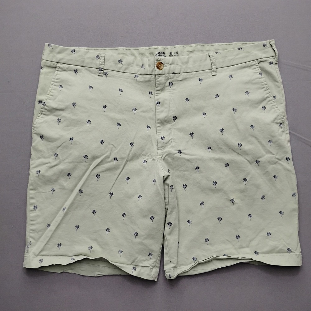 IZOD Saltwater Stretch Mens 42 Palm Tree Embroidered Chino Shorts Sage Green